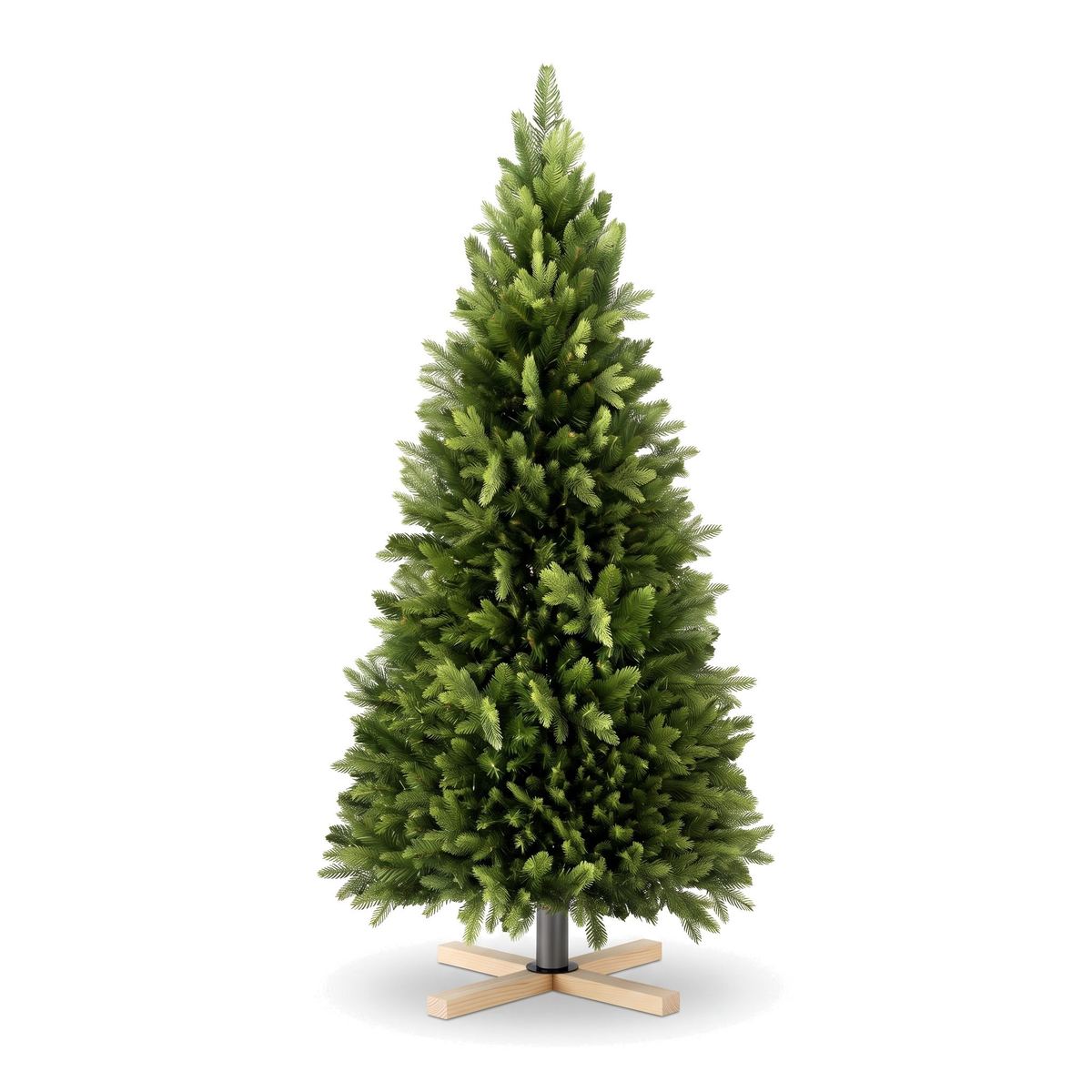 Sapin de Noël artificiel 150 cm vert Nordique vu de face sur fond blanc, socle en croix de bois clair