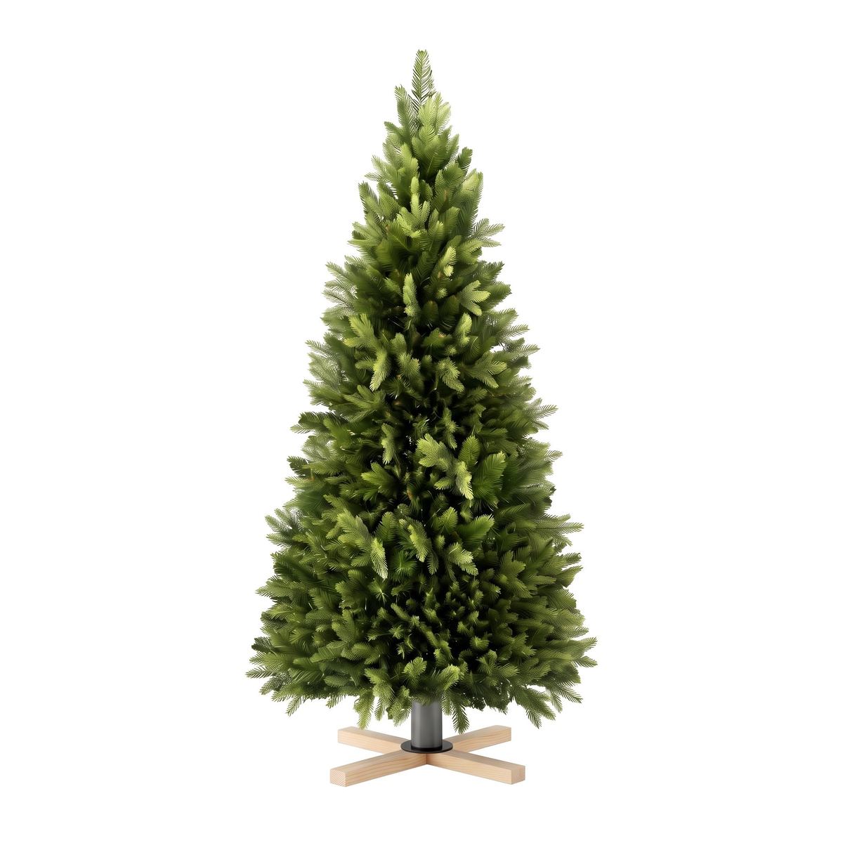 Sapin de Noël artificiel 180 cm vert Nordique vu de face sur fond blanc, socle en croix de bois clair
