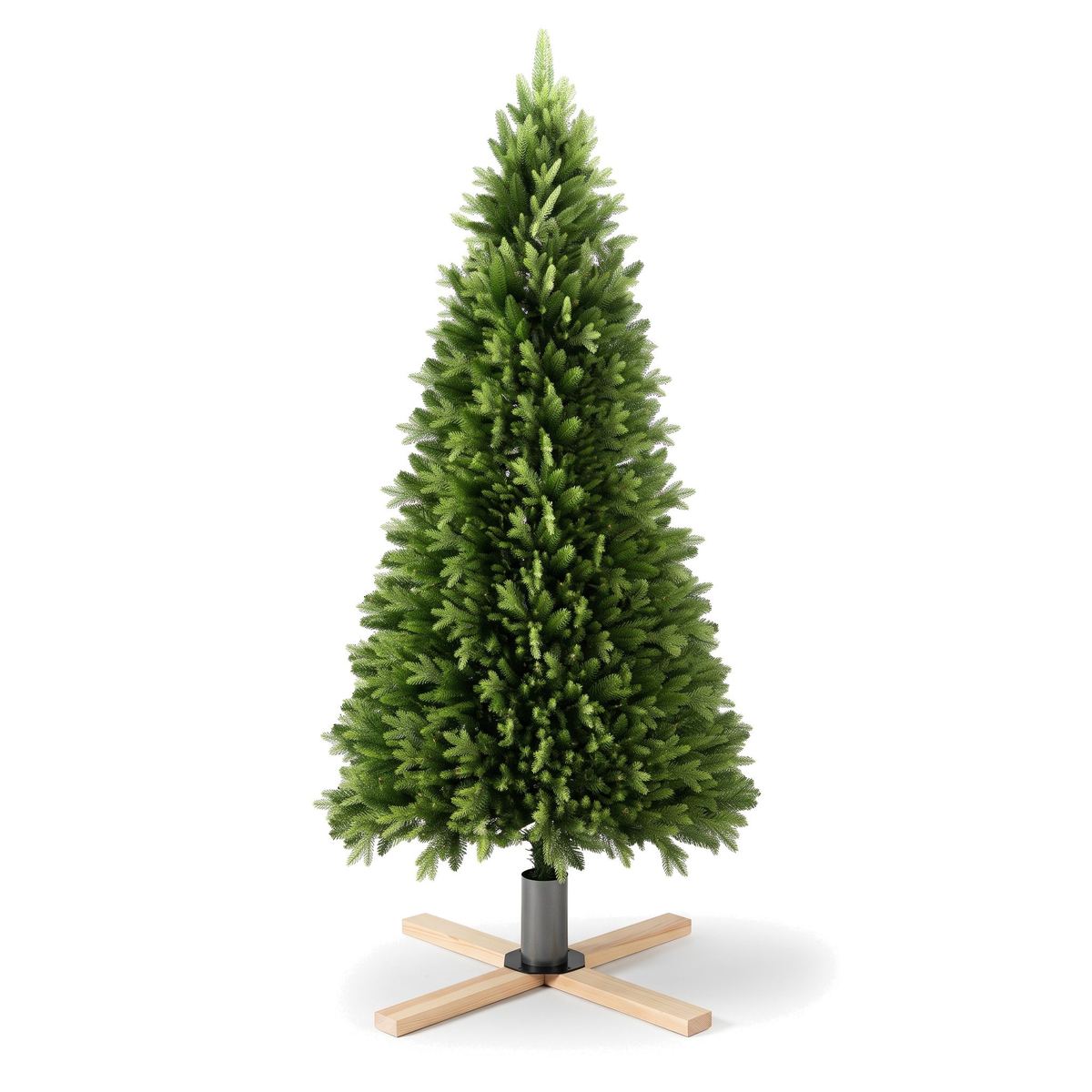 Sapin de Noël artificiel 225 cm vert Nordique vu de face sur fond blanc, socle en croix de bois clair