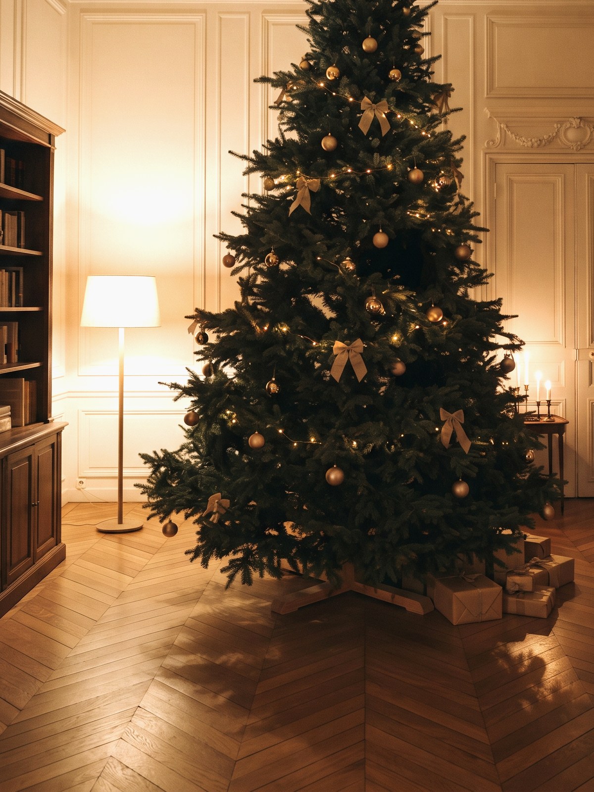 Grand sapin artificiel de plus de 2 m dans une pièce de réception à haut plafond