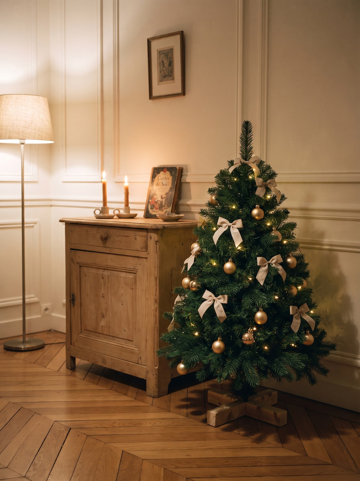 Petit sapin artificiel de 150 cm décoré dans une chambre, à côté d'une commode en bois clair