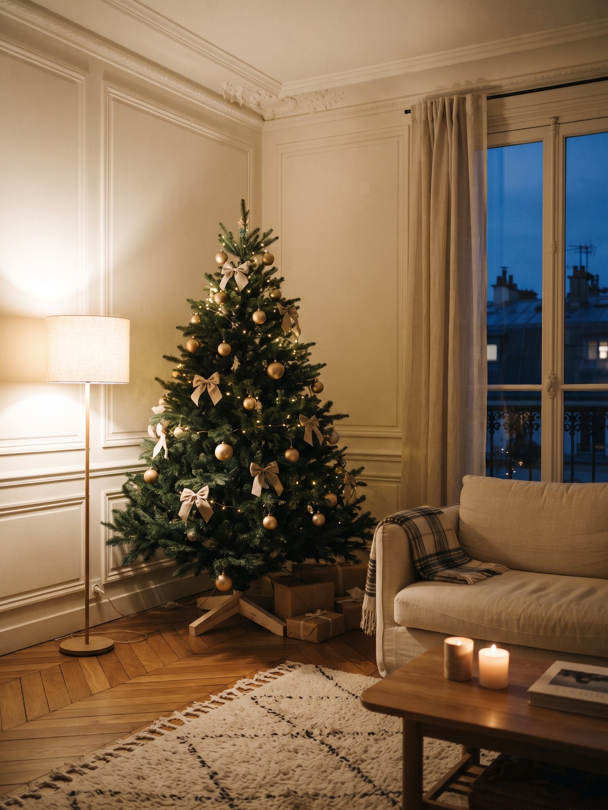 Sapin artificiel de 180 cm décoré dans un salon parisien, le soir